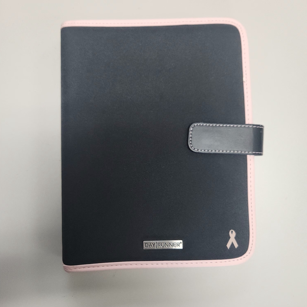 Black 9.5"x7" Day Runner Planner Organizer Binder 3 Ring Pink Ribbon Magnet Snap